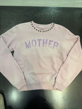 MOTHER Stud-Trim Crewneck Sweatshirt in Dusty Pink with Lavender Graphic